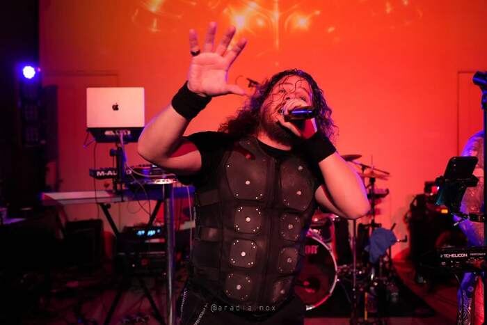 Kromiius vocalist Dan on stage at The Space, Isle of Dogs, London